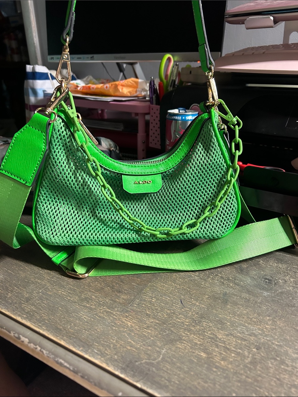 Aldo Neon Green Mesh Shoulder Bag with Chain Detail